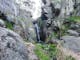 Grey bolders, green native grasses & moss, waterfall in distance, trees at top of waterfall