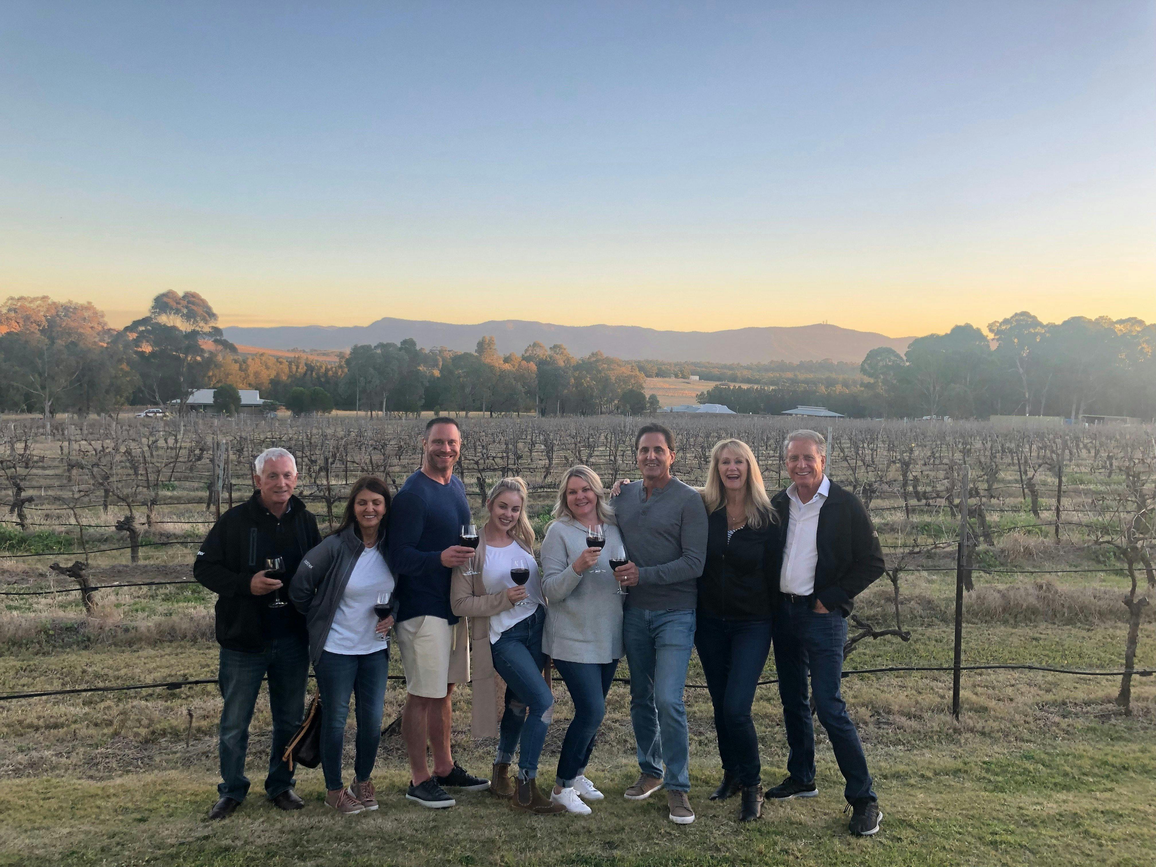 Group enjoying the sunset after a day of wine tasting at the Hunter Valley