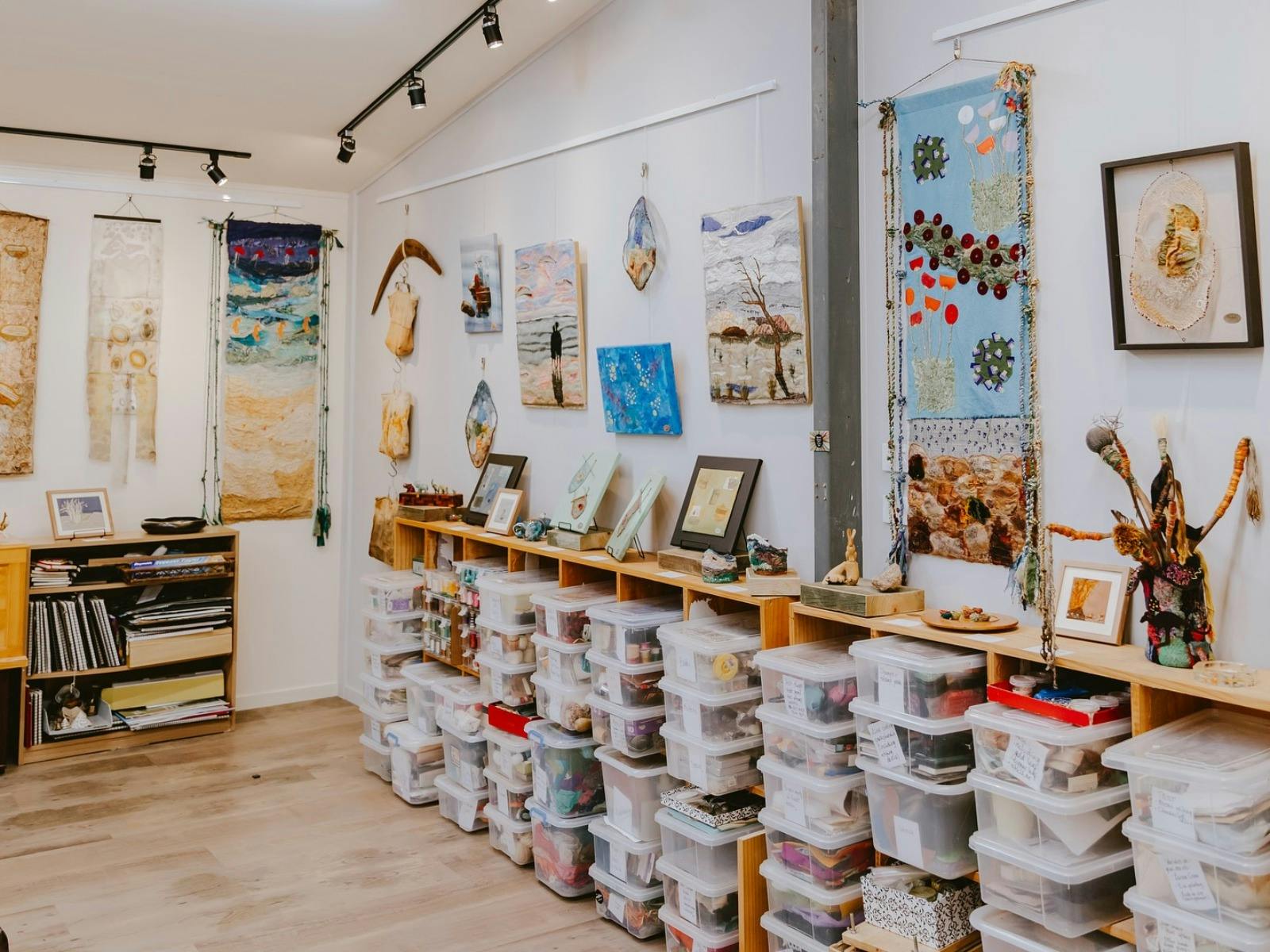 A creative space filled with paintings and sculptures