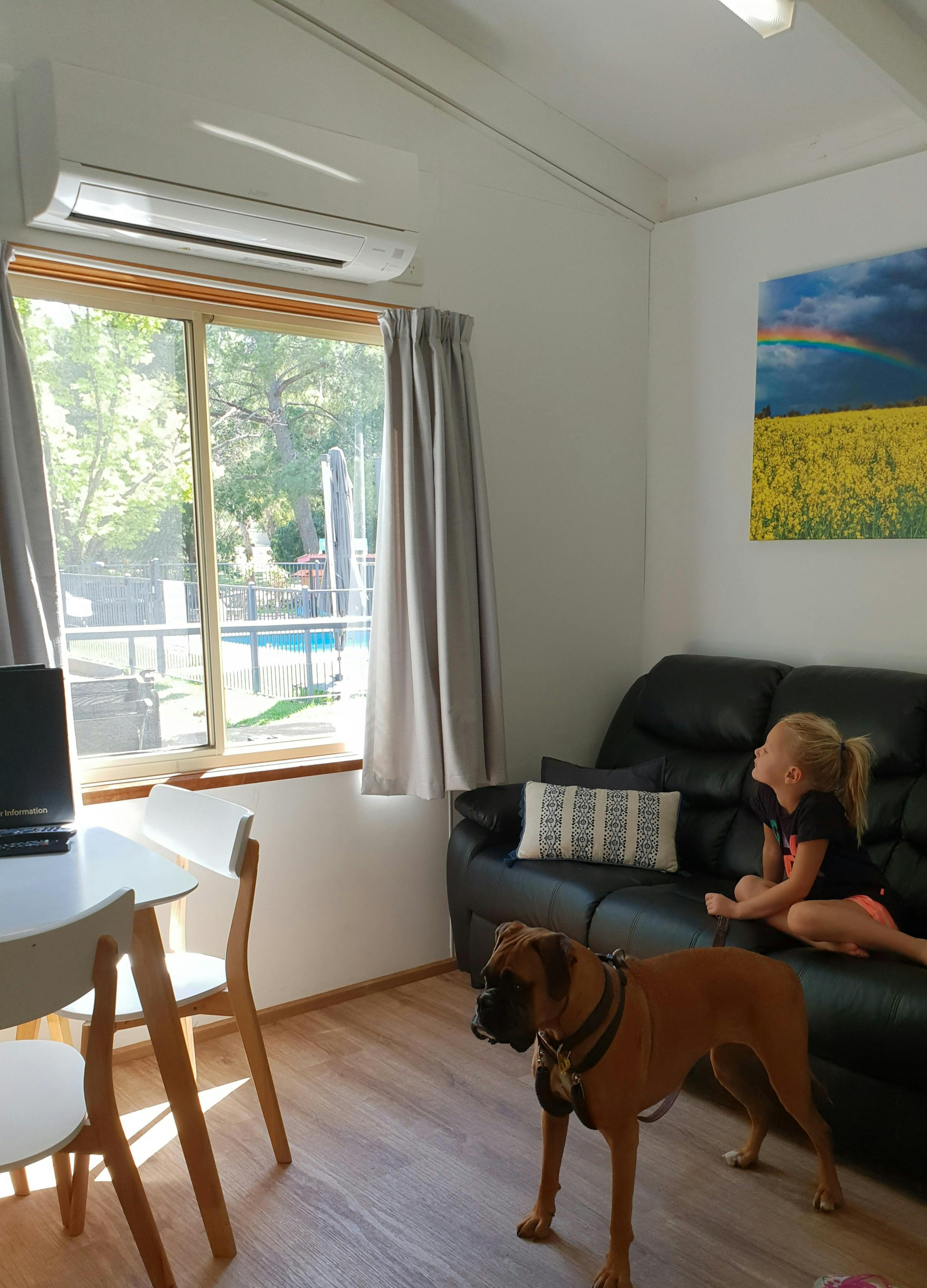 Child sitting on a couch and dog standing by her in the cabin