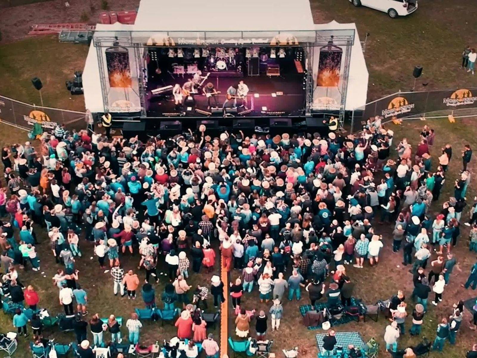 Aerial view of concert, showing a crowd of people gathered to watch a performance