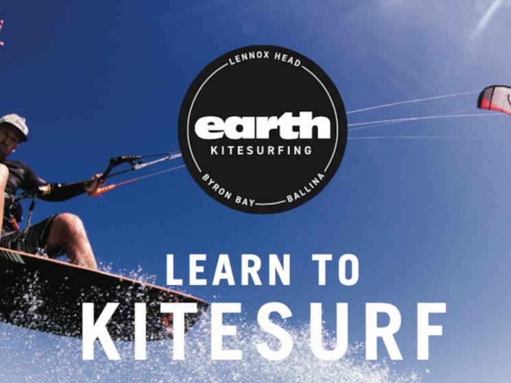 photo of a man kiteboarding  with logo in foreground