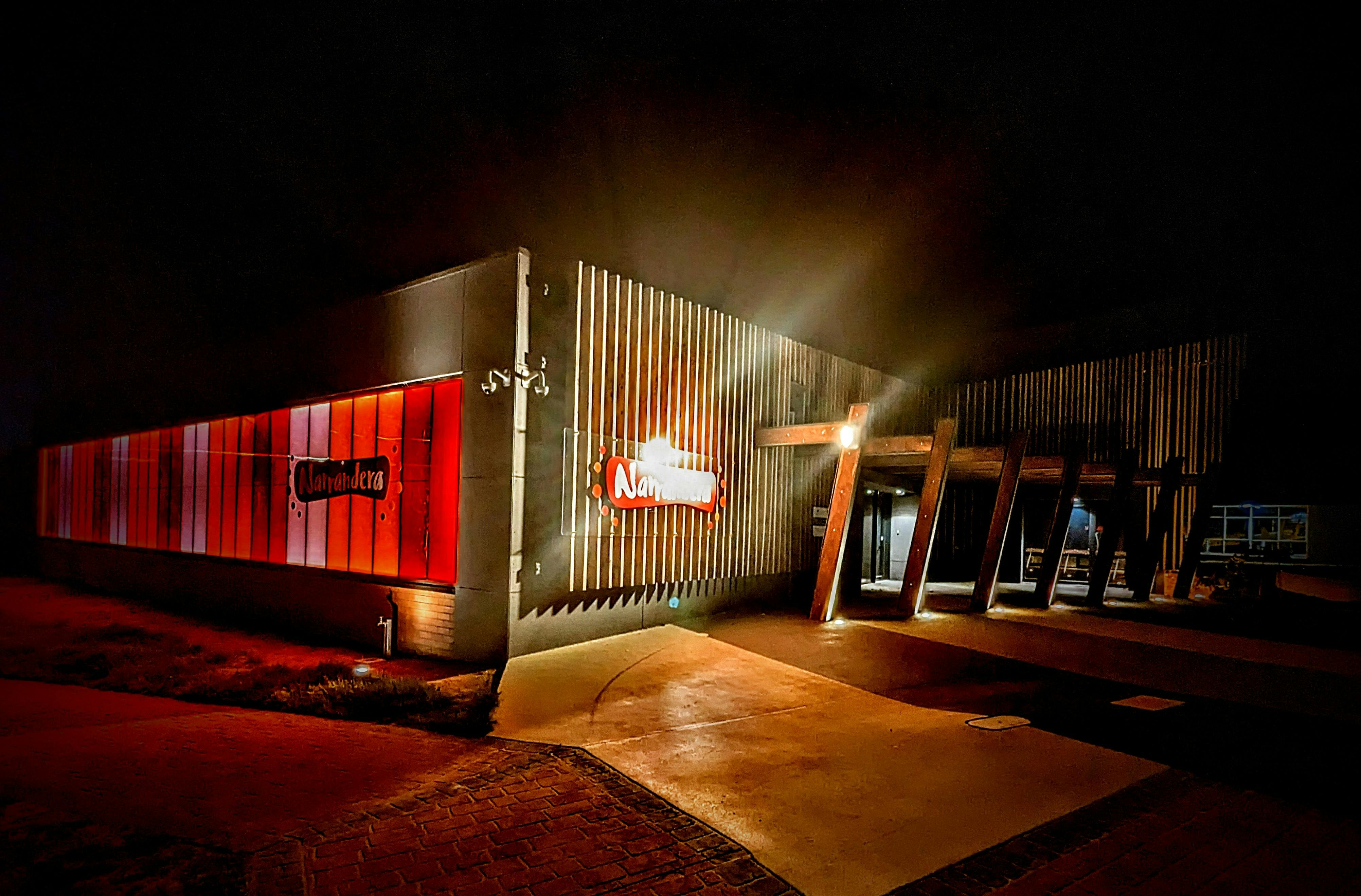 Night-time external view of the Narrandera Destination and Discovery Hub