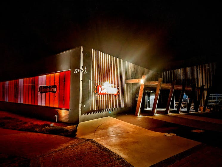Night-time external view of the Narrandera Destination and Discovery Hub
