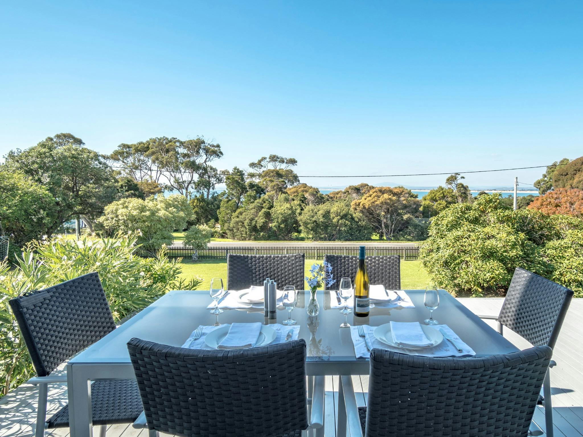 A view from the front  deck of Bridport Beach House looking out to the coastline