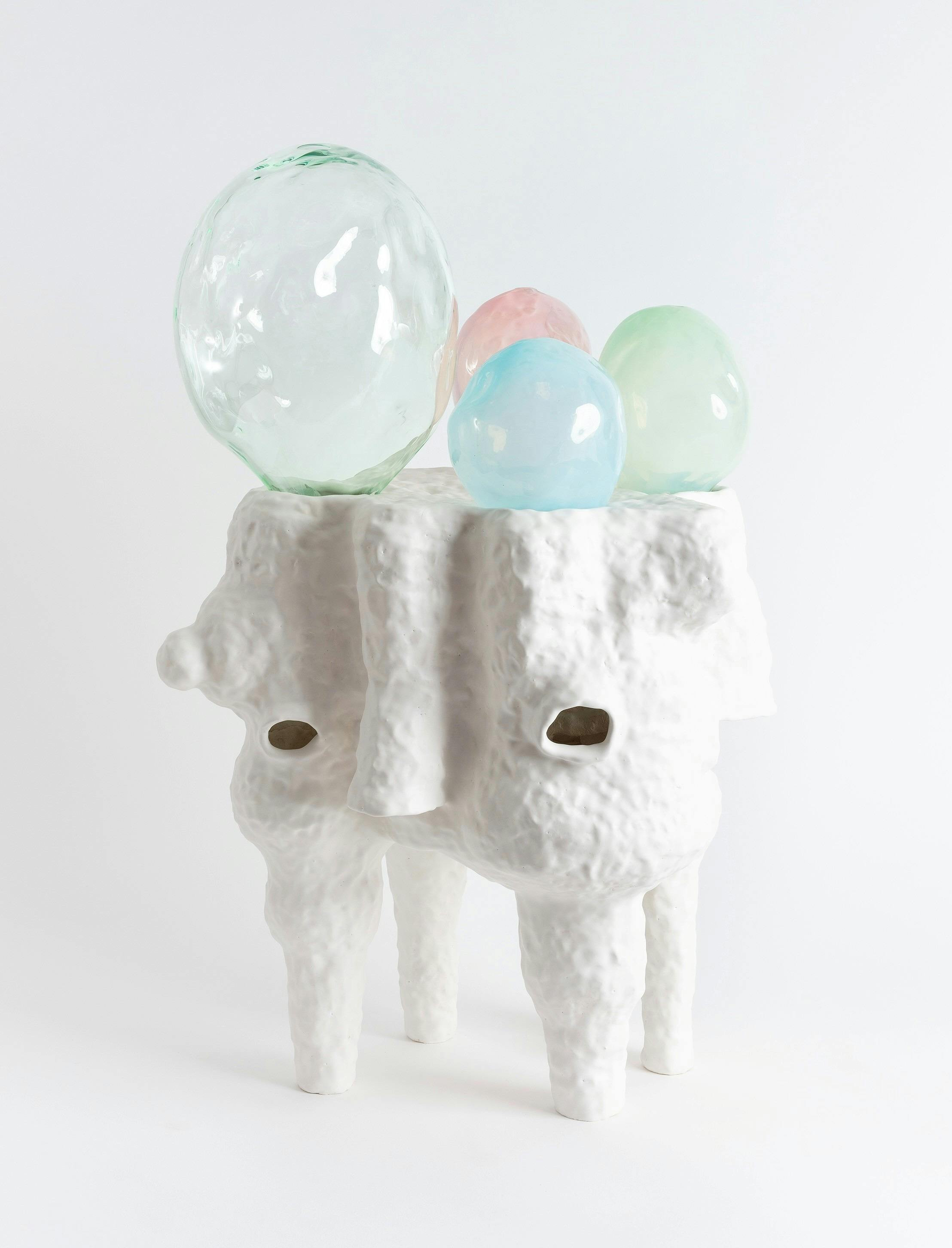 Lynda Draper artwork, made of glazed ceramic and studio blown glass, on white background