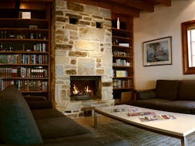 SECOND LOUNGE WITH OPEN OR CLOSED GLASSED FIREPLACE AND LIBRARY WITH ADULT AND CHILDRENS BOOKS
