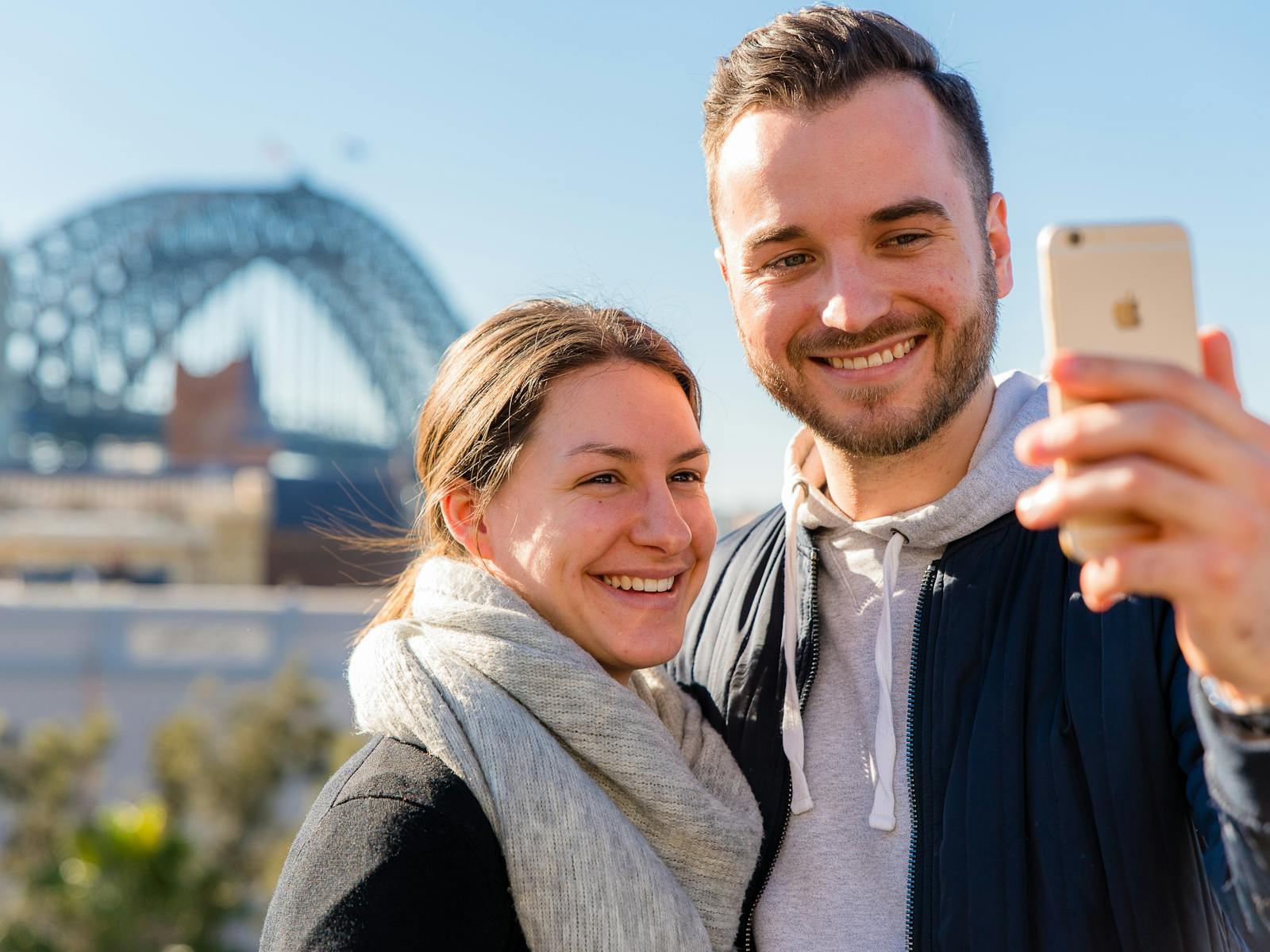 Young couple selfie with Harbour Bridge