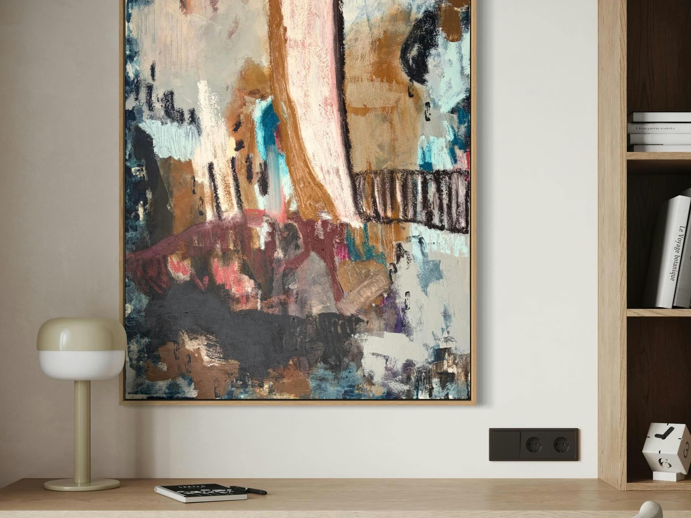 Abstract painting by Bec Talbot hanging above a desk