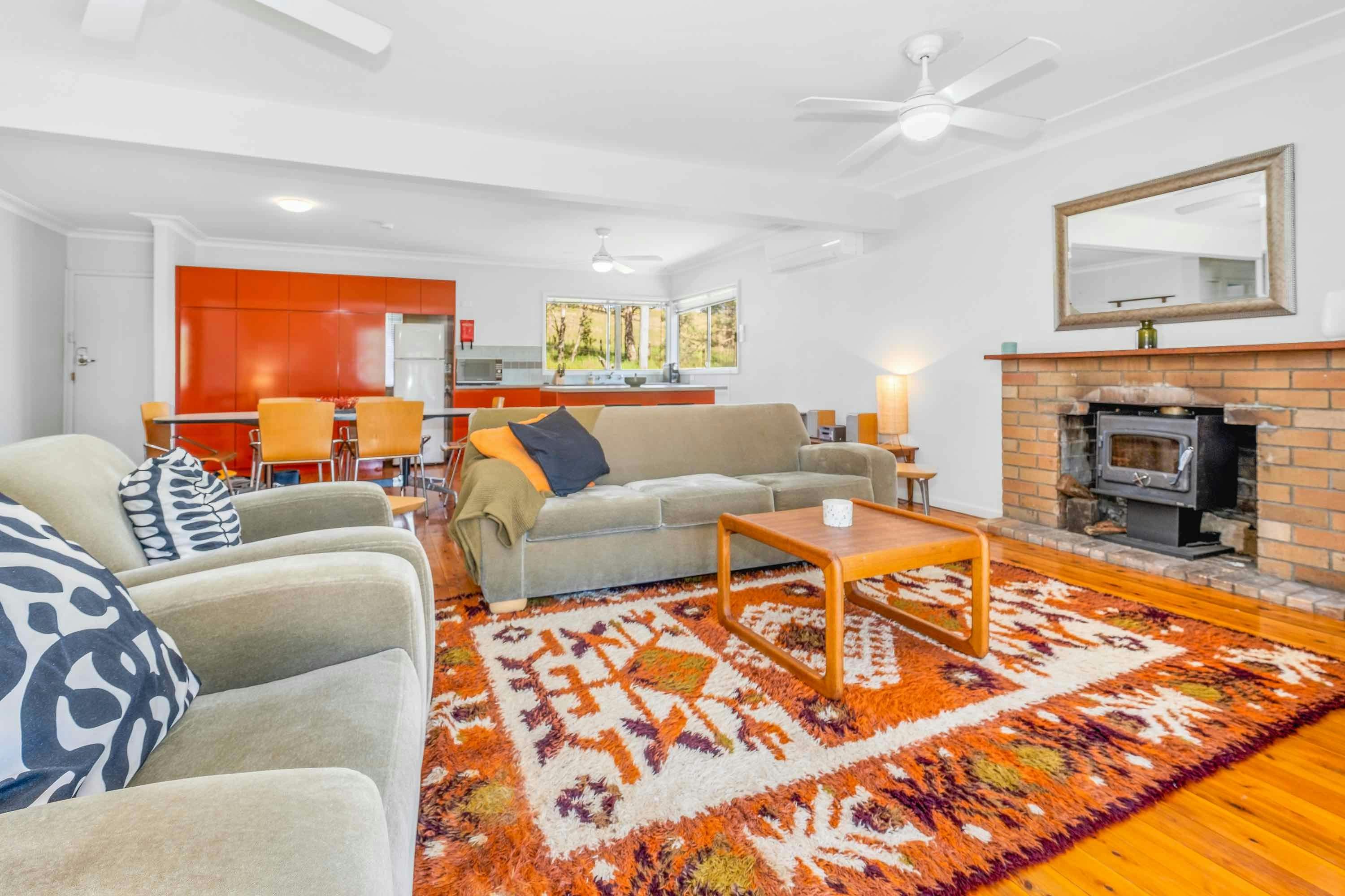 Living with wood burning fireplace