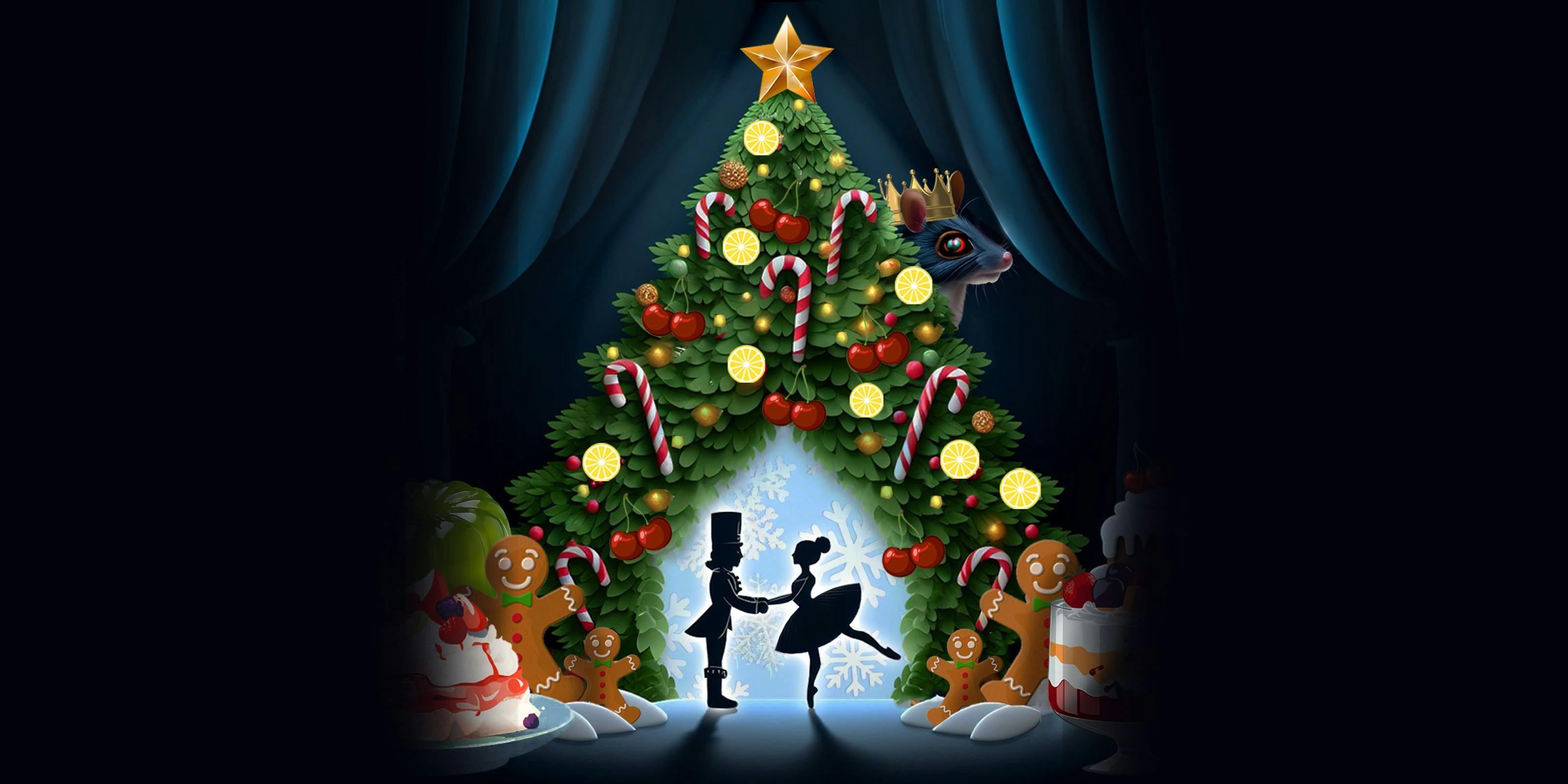 A Christmas tree covered in Aussie desserts opens to a winter wonderland silhouetting ballerinas.