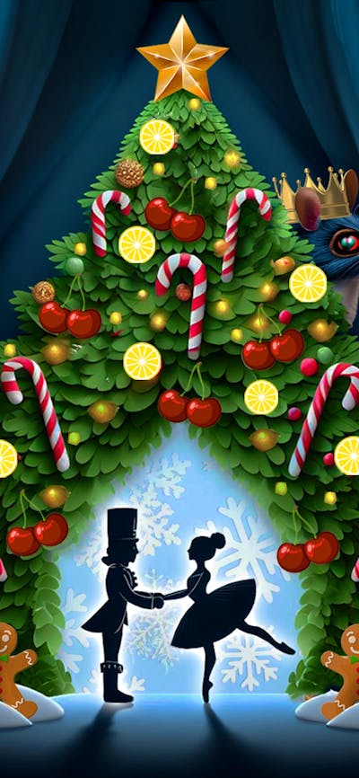 A Christmas tree covered in Aussie desserts opens to a winter wonderland silhouetting ballerinas.
