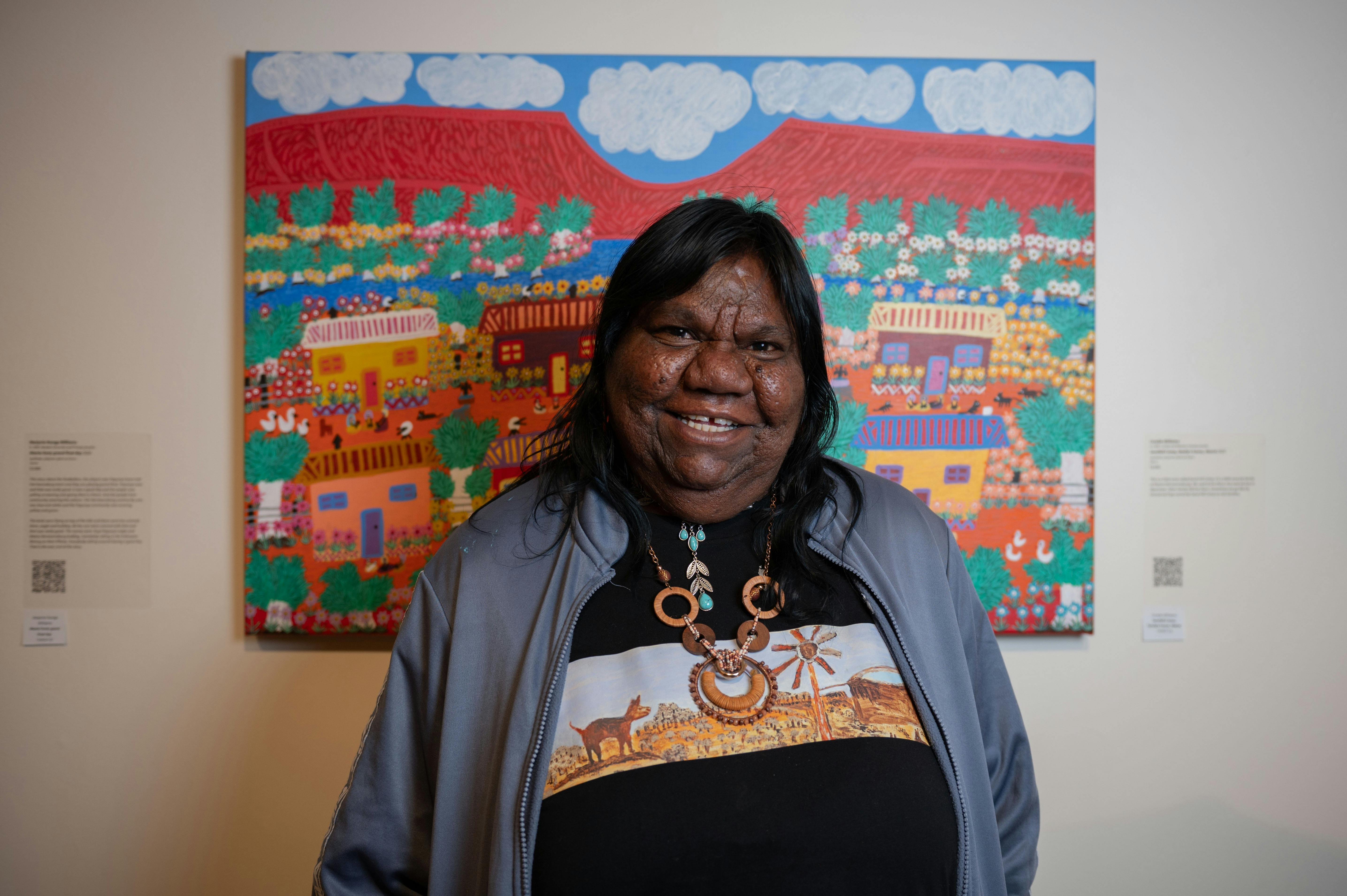 Coralie Kunmanara Williams of Tangentyere Artists at Desert Mob 2025 Opening night.