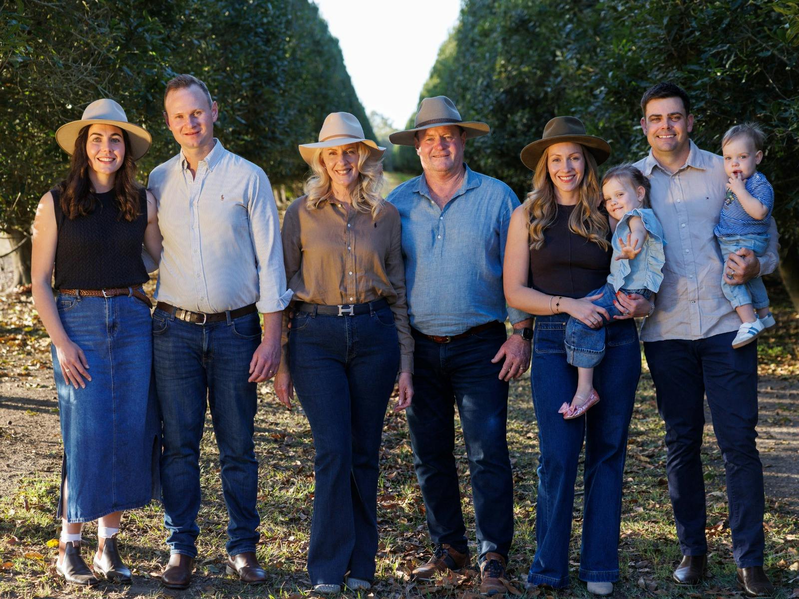 The Gerry family together at their family-owned farm in Bundaberg, Queensland.