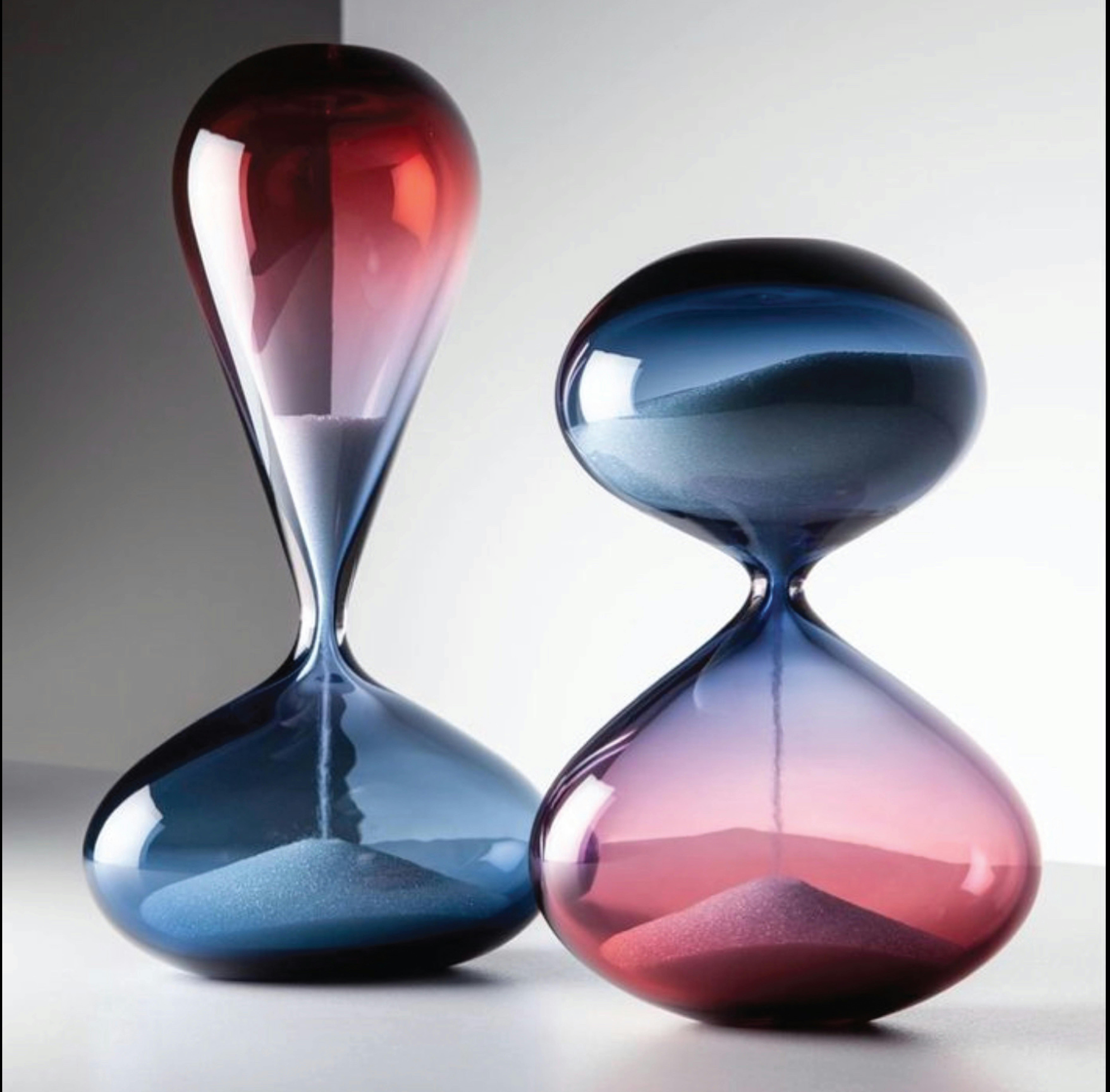 Two hour glasses with sand pouring through them in red and blue glass