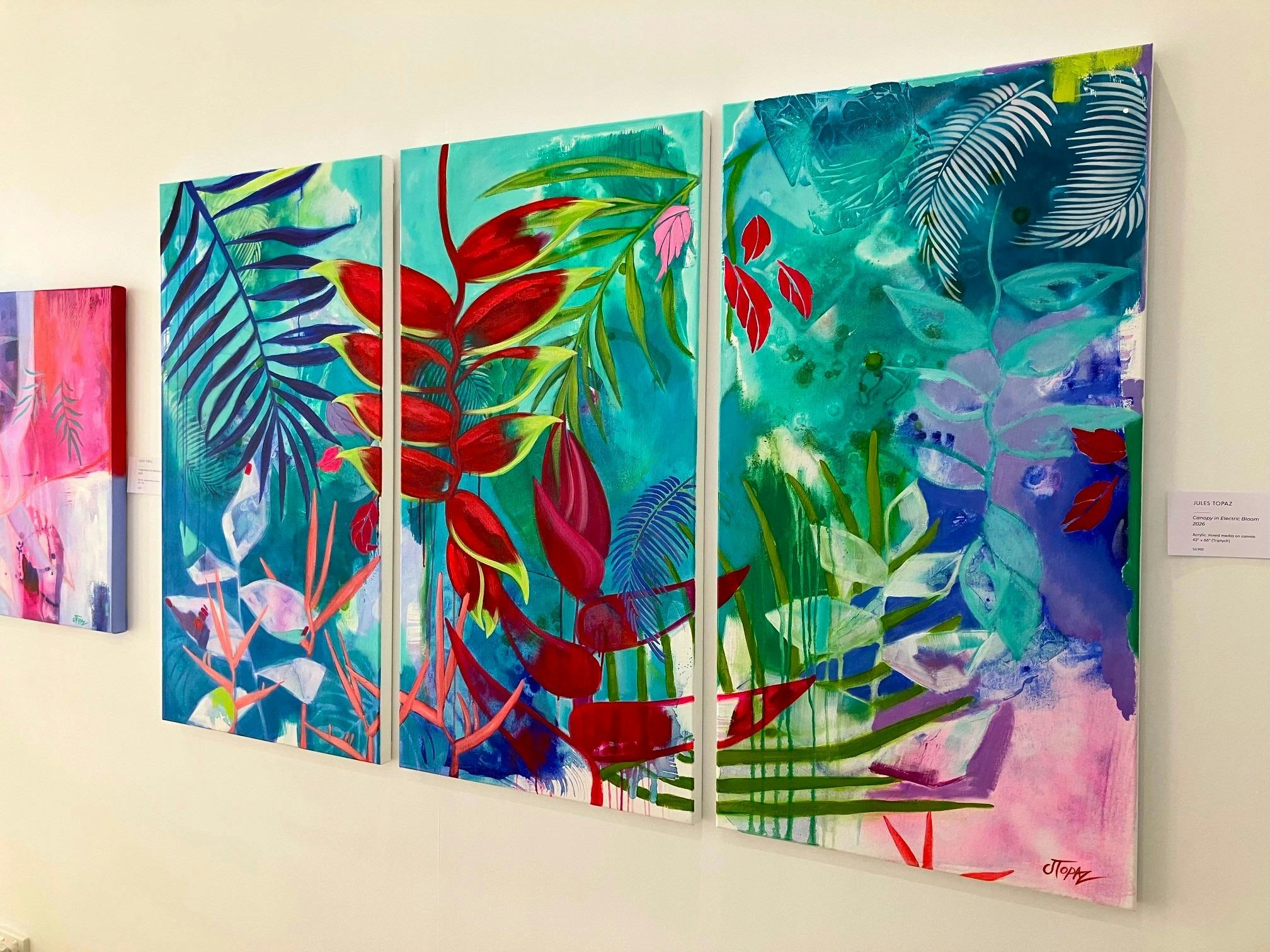 Vibrant, original, tropical abstract artwork displayed on our main gallery walls