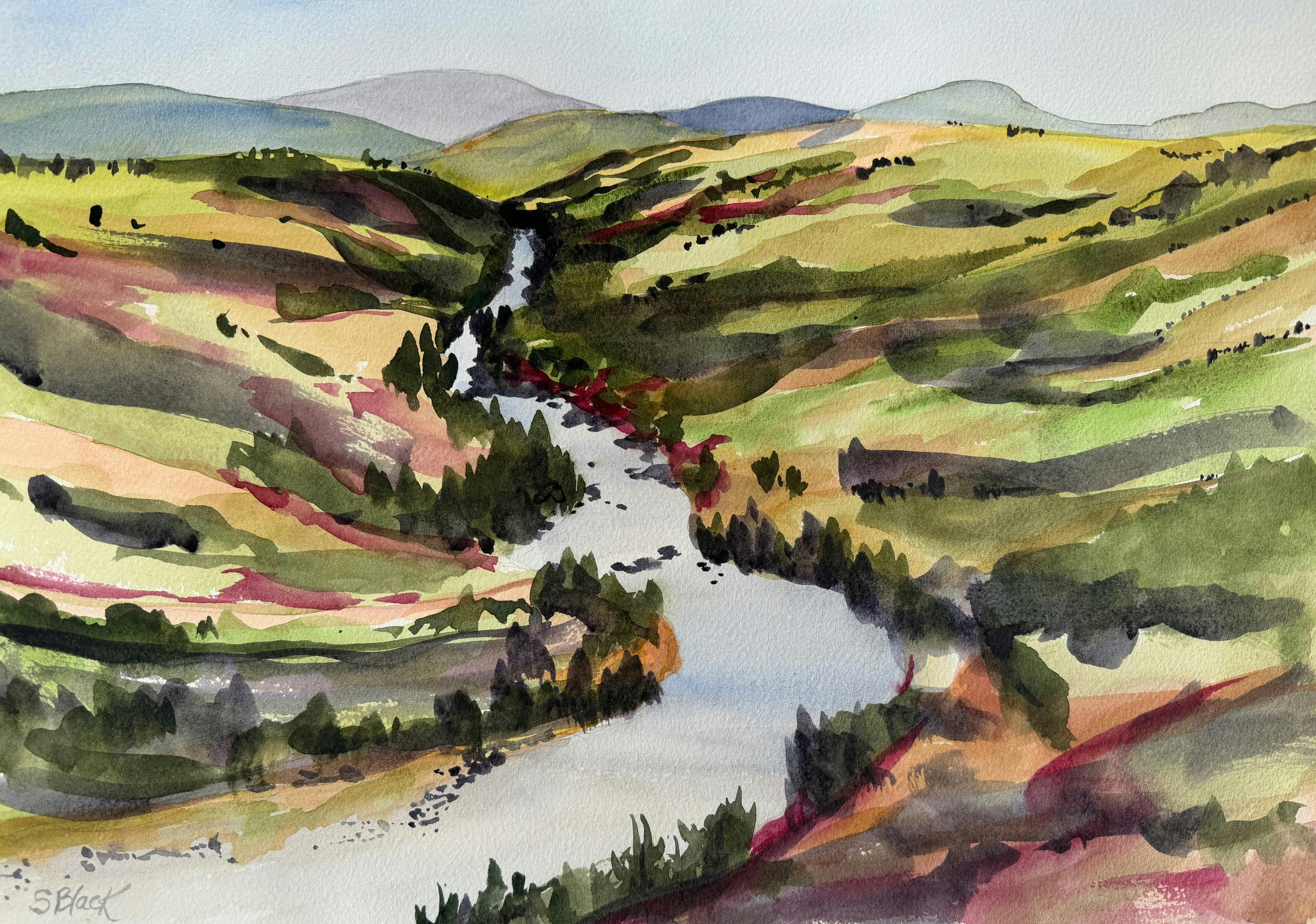 Landscape painting of a river and green hills