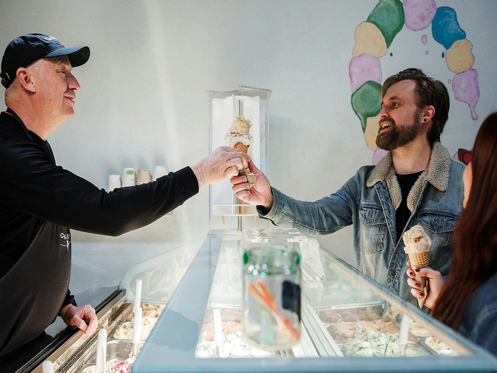Serving gelato to customers