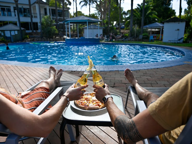 Relax and wind down at the Lake Hume Resorts Pool with 'some fine food and drinks