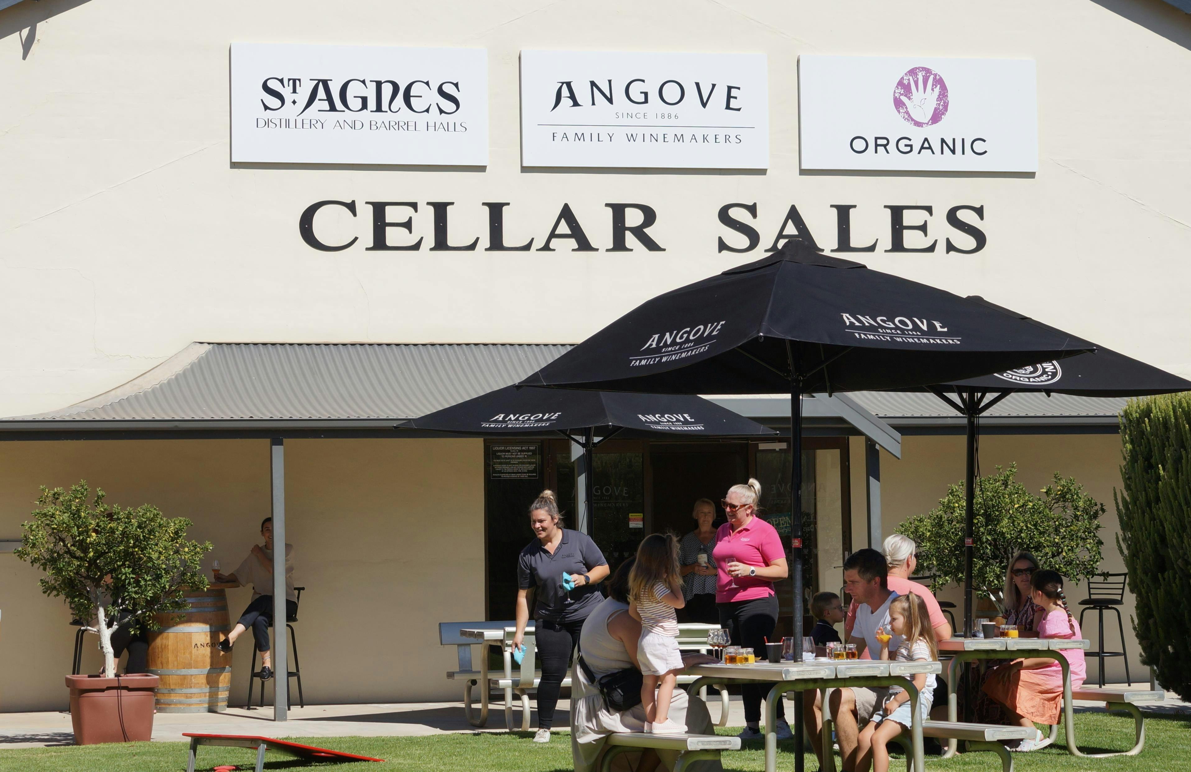 People enjoy wine tasting outside of Angove Cellar door