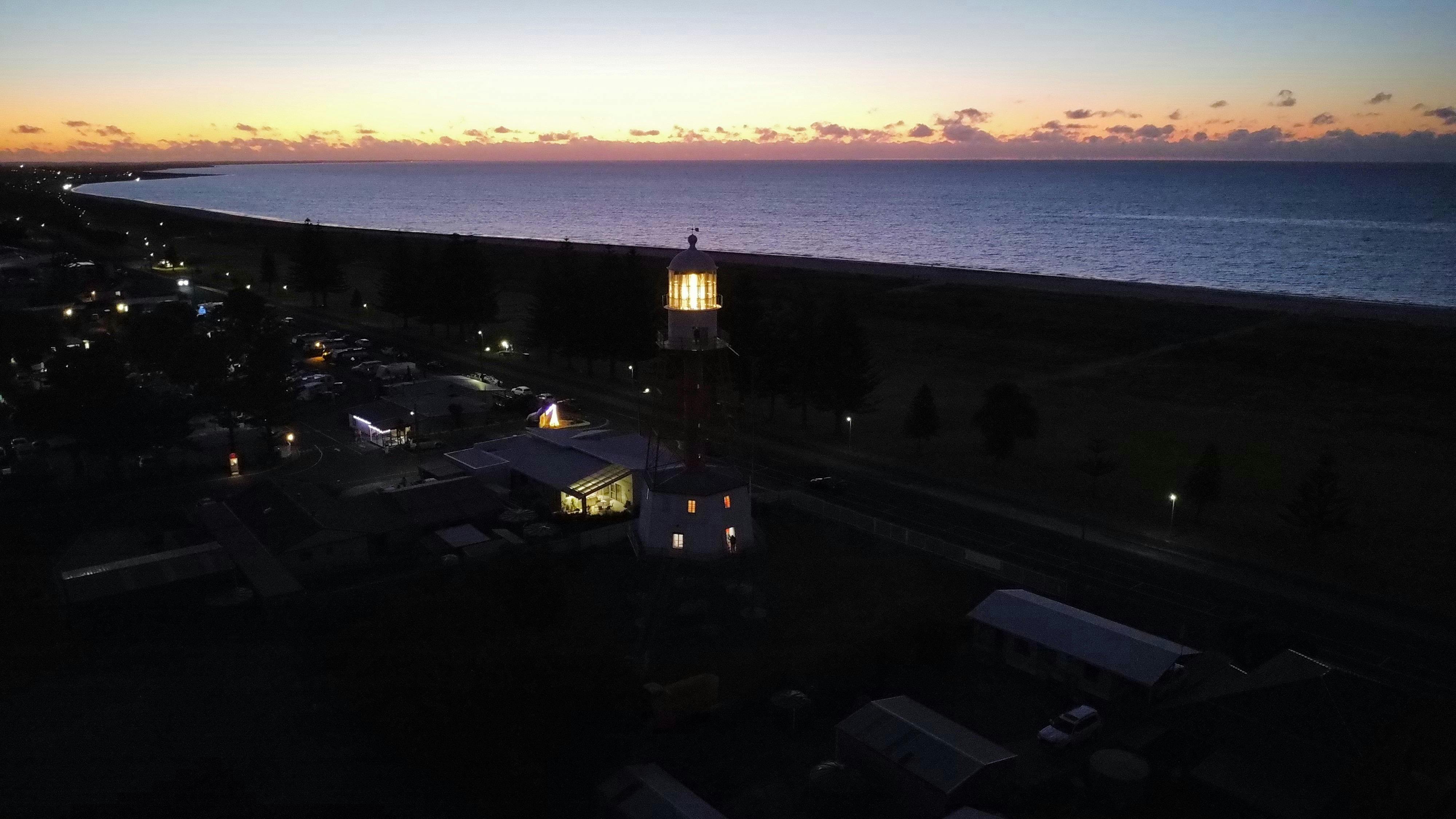 Cape Jaffa Lighthouse night aerial view - a stunning Kingston landmark ng