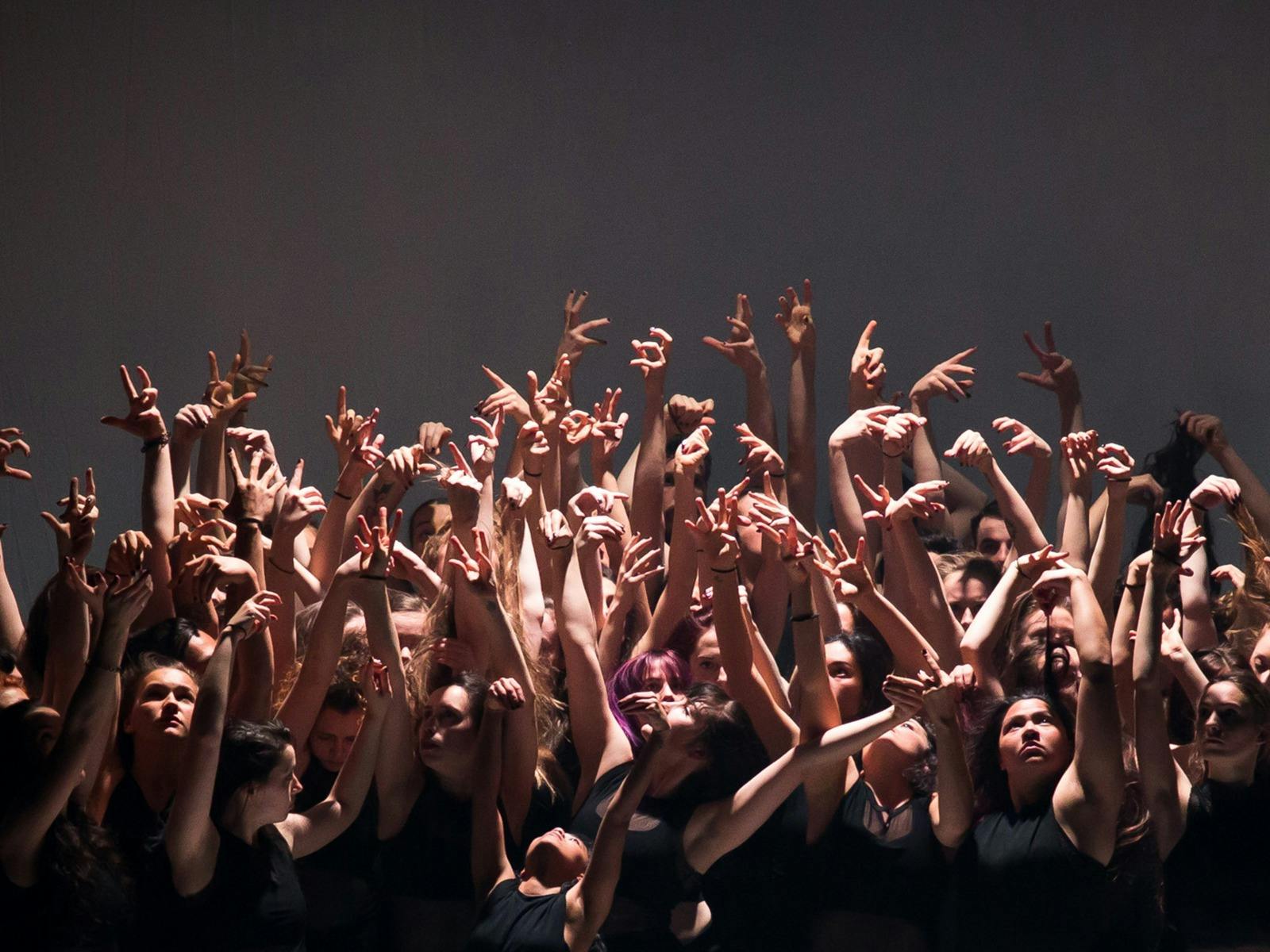 A sea of arms and hands held up by people in black clothing.