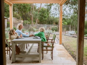 Outdoor dining area, patio, 6 seater dining table, fire pit