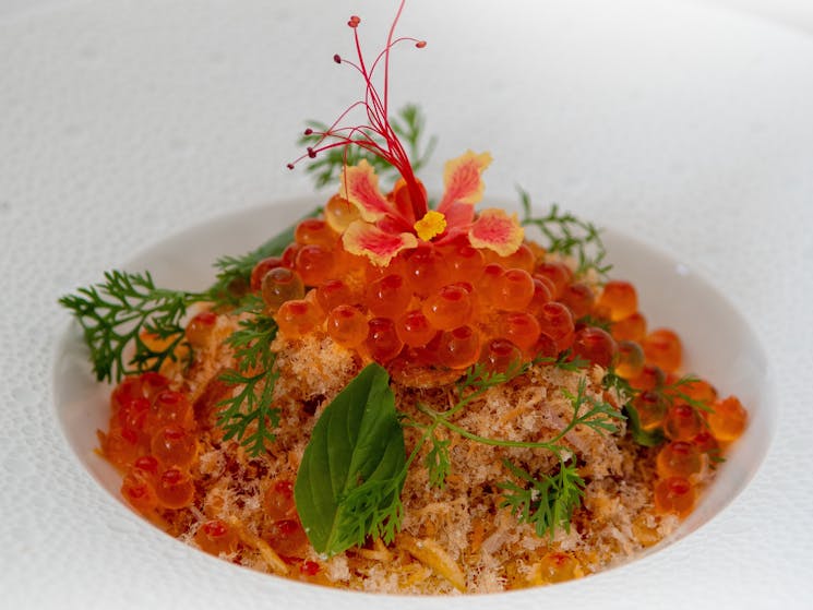 Watermelon and ground salmon with roasted galangal powder, chilli and Huon river saolmon caviar