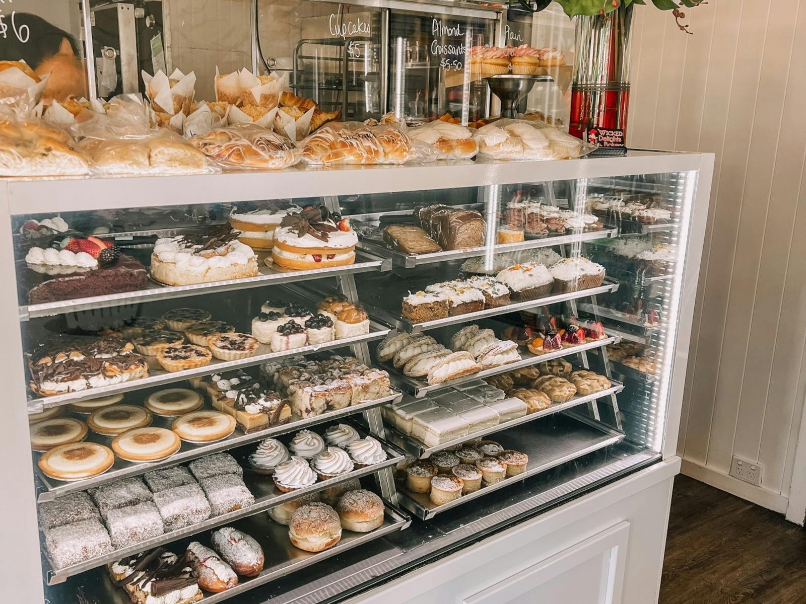 selection of bakery treats in display cabinet