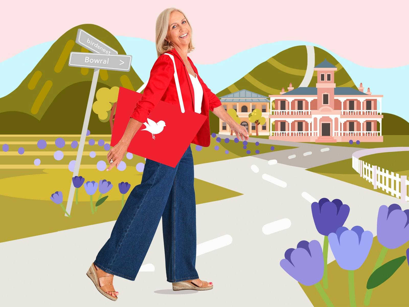 Illustration of Bowral Memorial Hall with birdsnest model Sandy holding a birdsnest shopping bag.