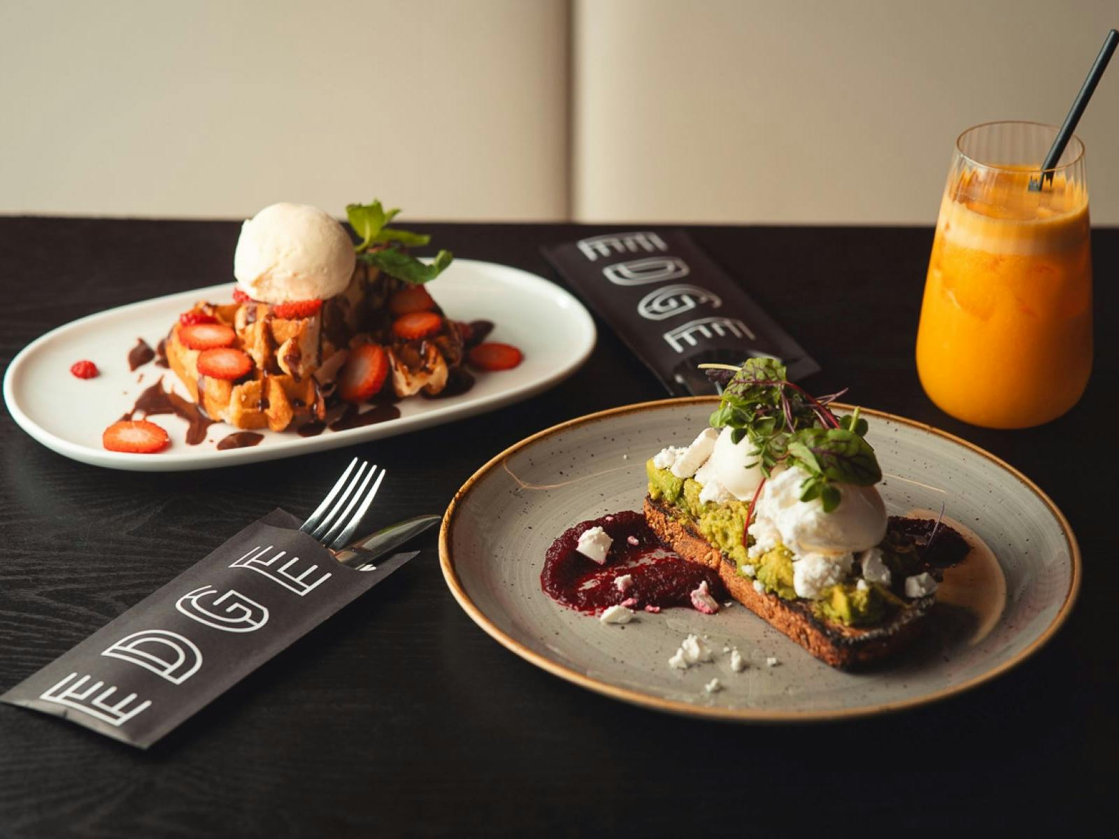 Breakfast at Edge Geelong featuring Waffles & Smashed Avocado dishes
