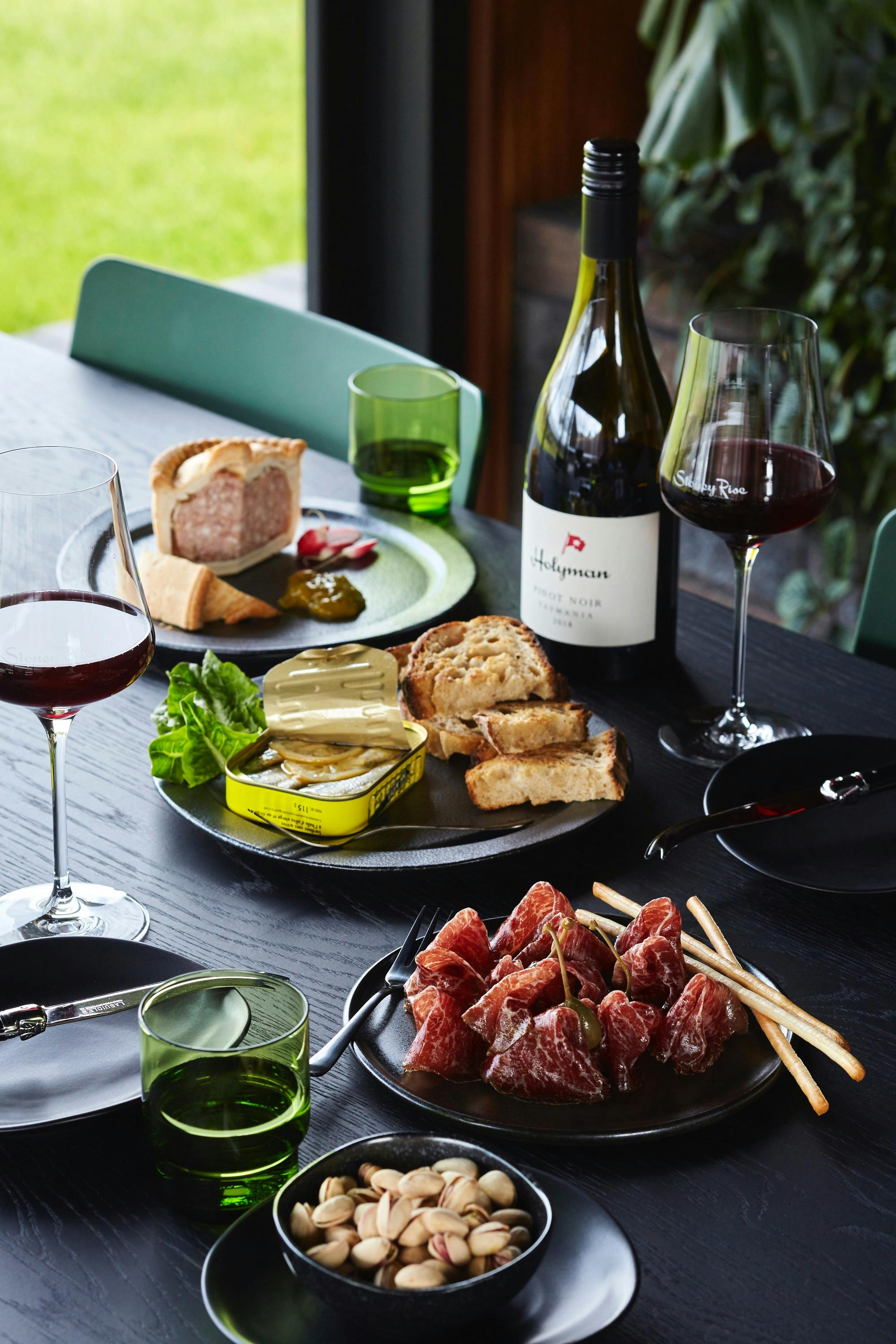 Food plates available in Cellar Door - tinned sardines, wagyu bresaola, Holyman Pinot Noir