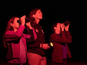 Tour guide shines a red spotlight, and two kids use binoculars to watch wildlife at Carnarvon Gorge.