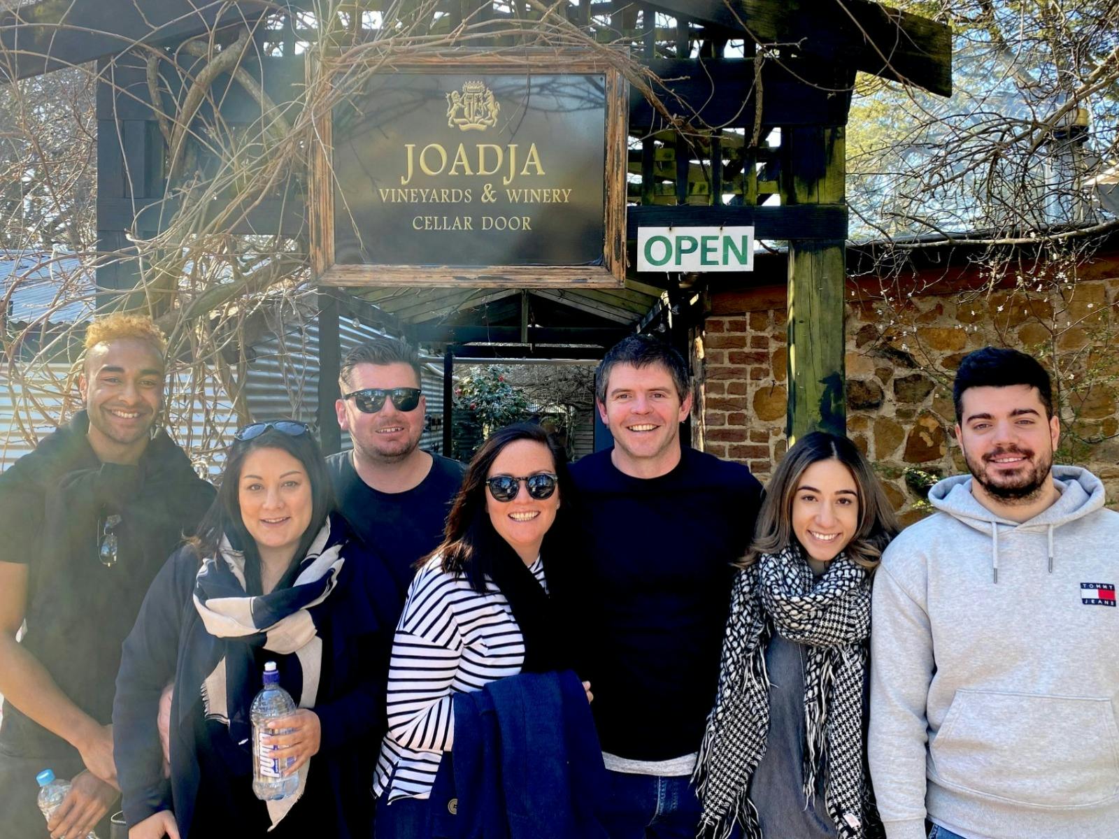 Group of friends and family outside Joadja Estate on a Kenny Escapes Wine Tasting Tour