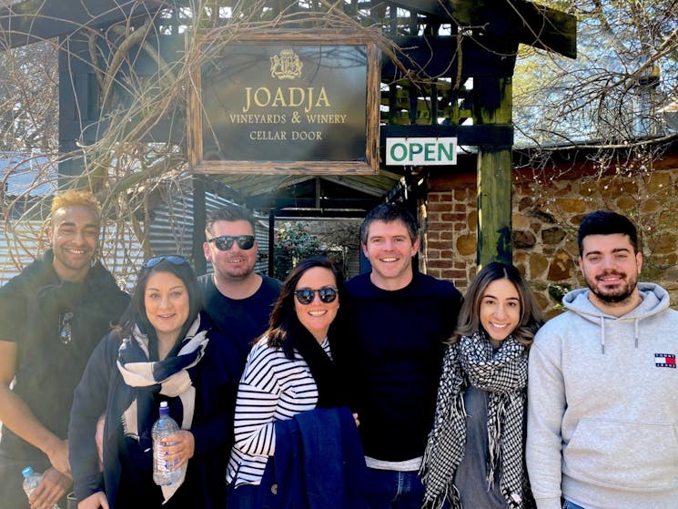 Group of friends and family outside Joadja Estate on a Kenny Escapes Wine Tasting Tour