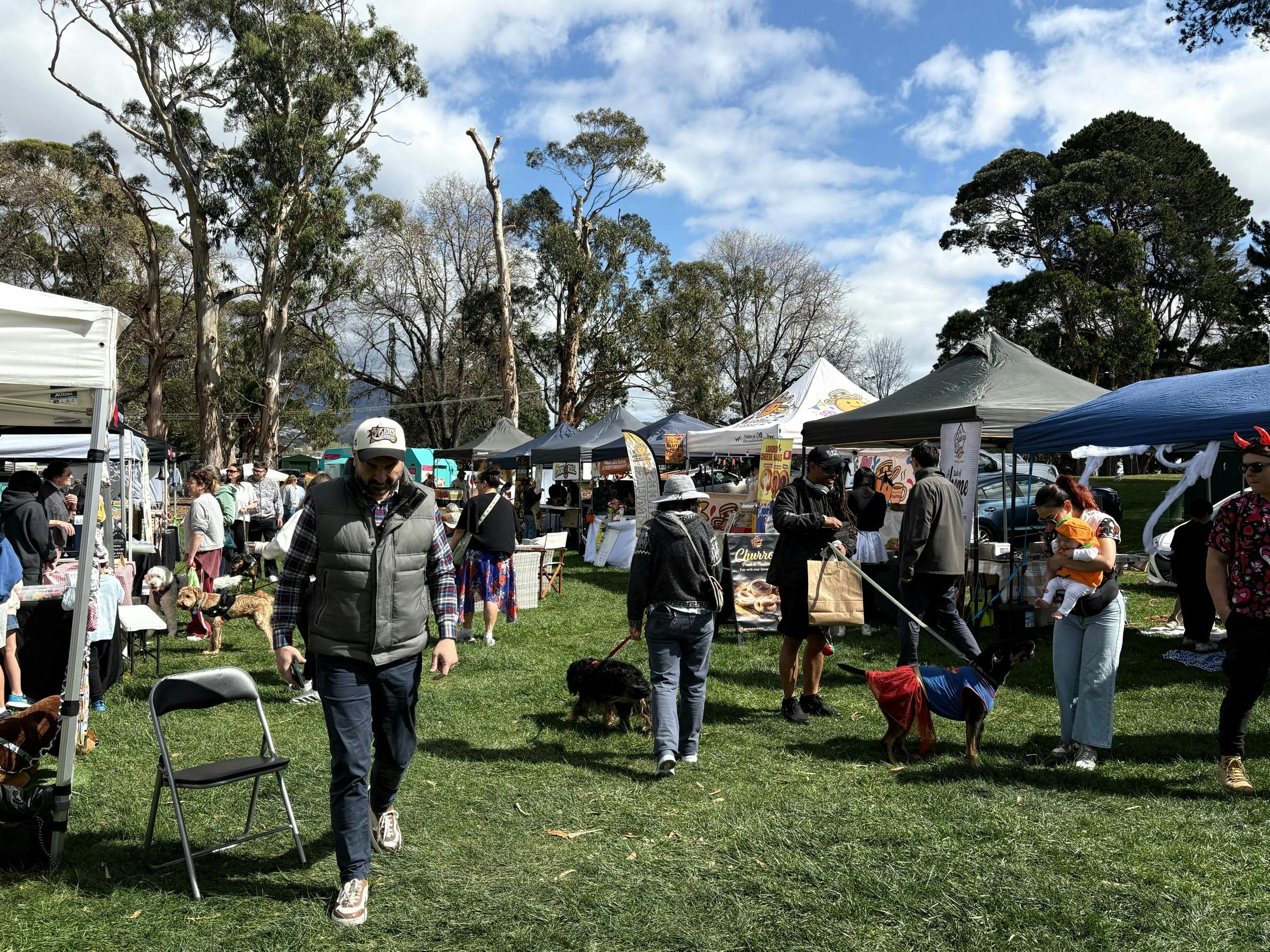 Dogs and visitors browse local stalls at the Van Diemen Pet Expo, Long Beach Reserve, Sandy Bay, Hob