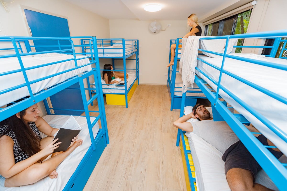 Four bunk beds and four friends