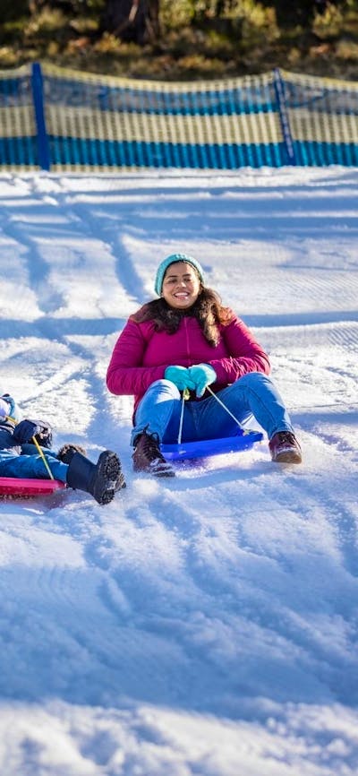 A family of four smiles as they race down a snowy slope on colourful toboggans