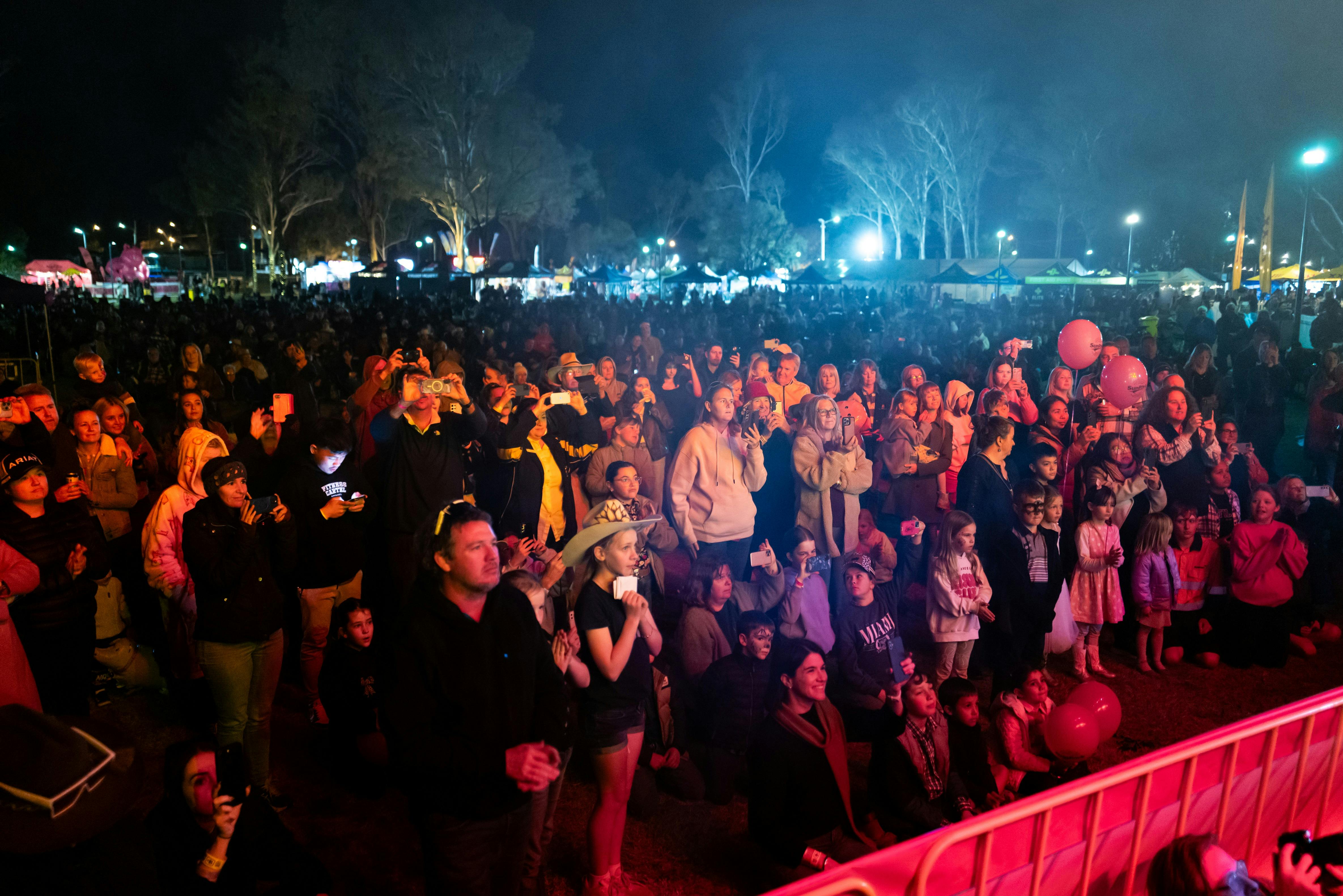 A crowd of people at night-time with their faces lit up by lights from the stage.