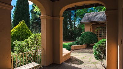 Looking at gardens from entrance to Calthorpes House
