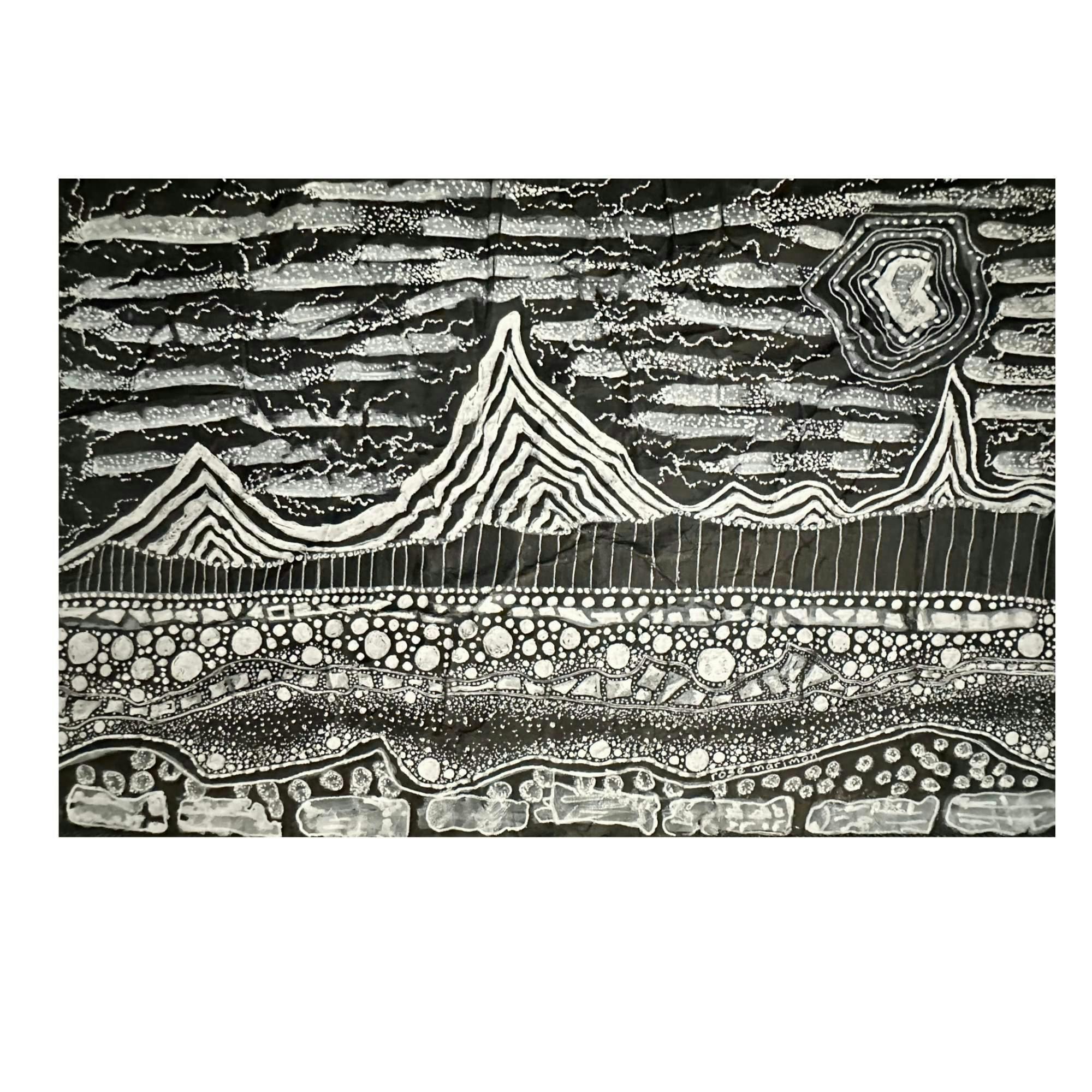 Abstract landscape with pointy white mountains on a black background