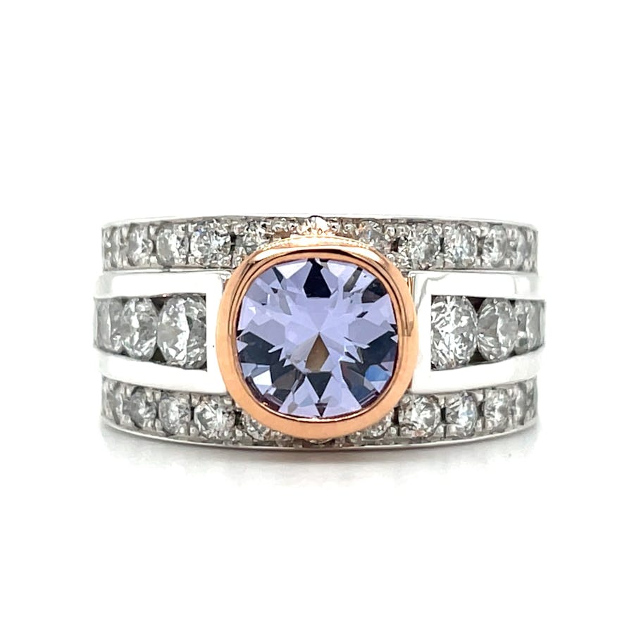 18ct rose and white gold wideband ring featuring lavender spinel and diamonds