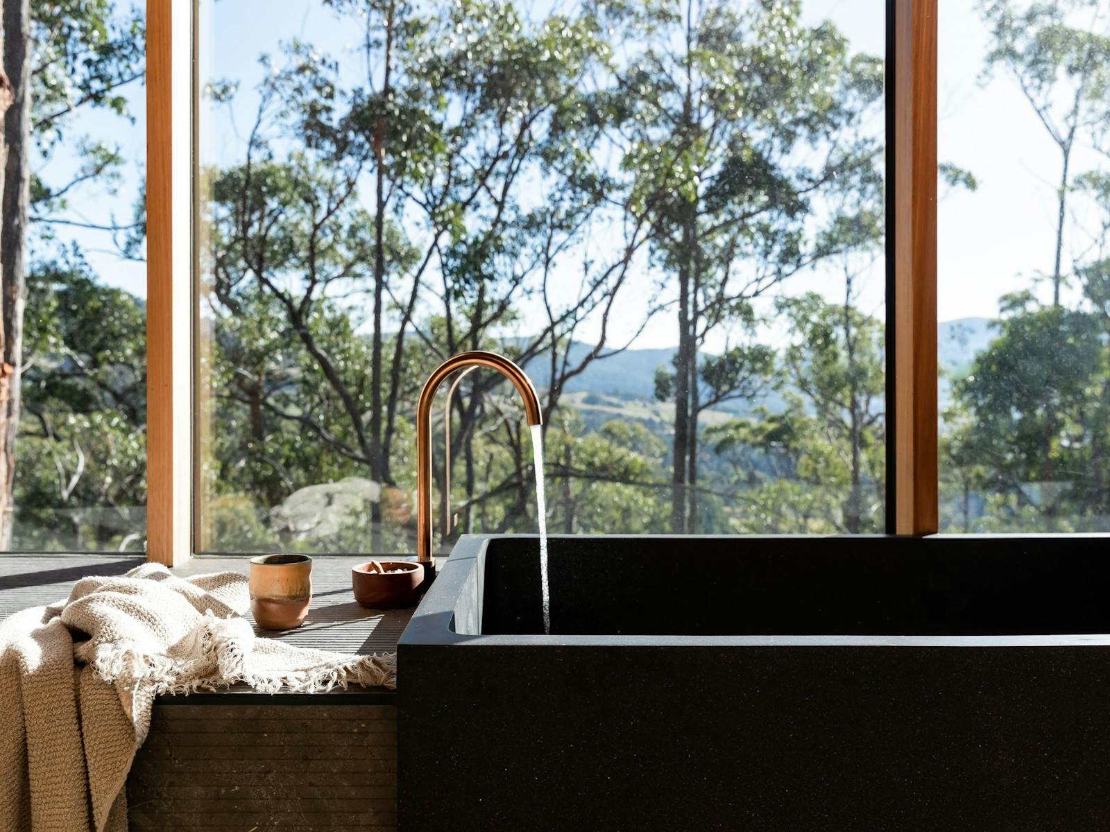 Hunter Huon Valley, bath with a view, Cultiver Linen and Nanwoo handmade ceramics
