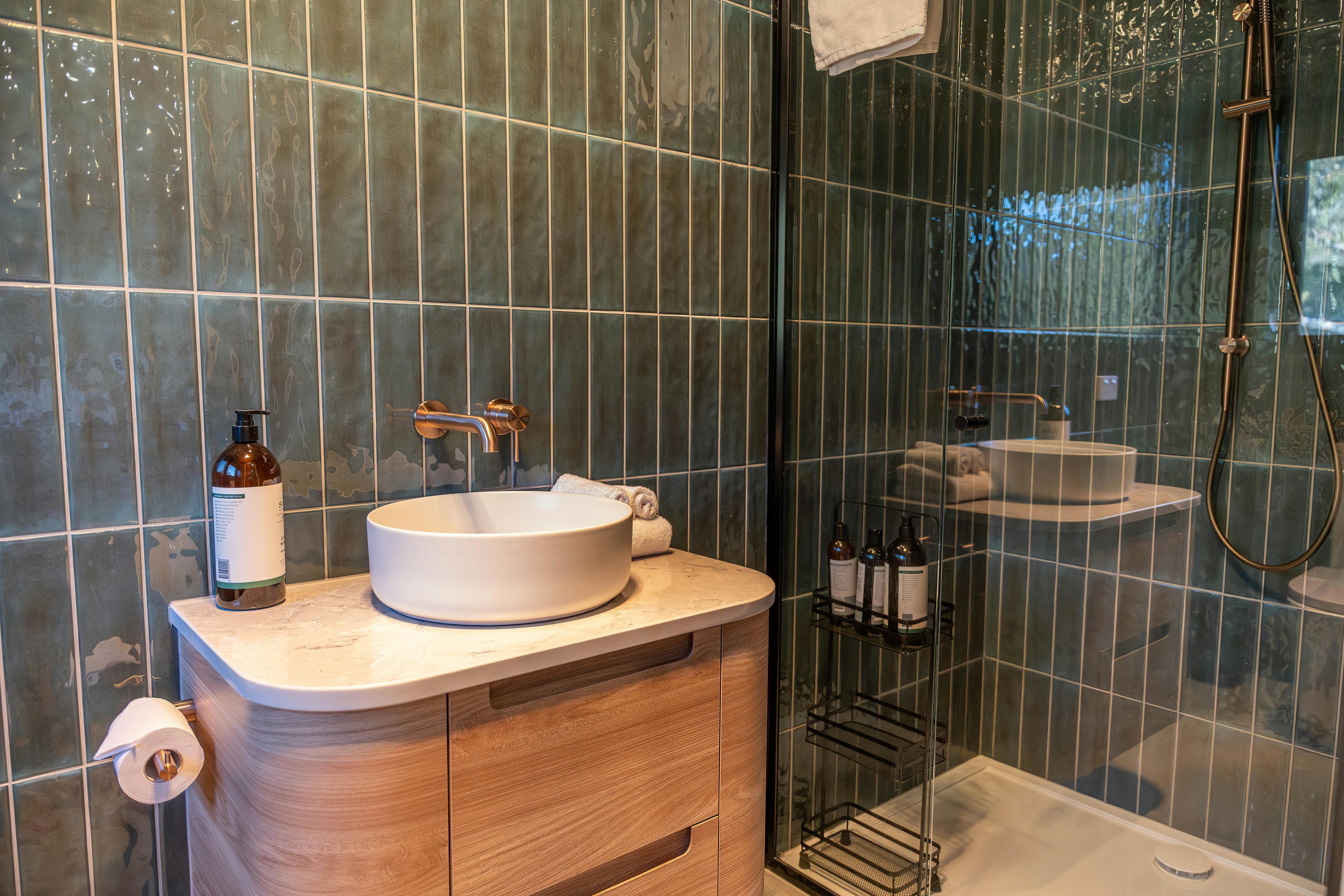 Bathroom area with sink and shower