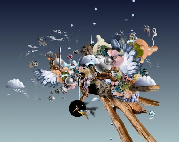 A surreal photo-manipulated collage artwork depicting Alice in a strange environment.