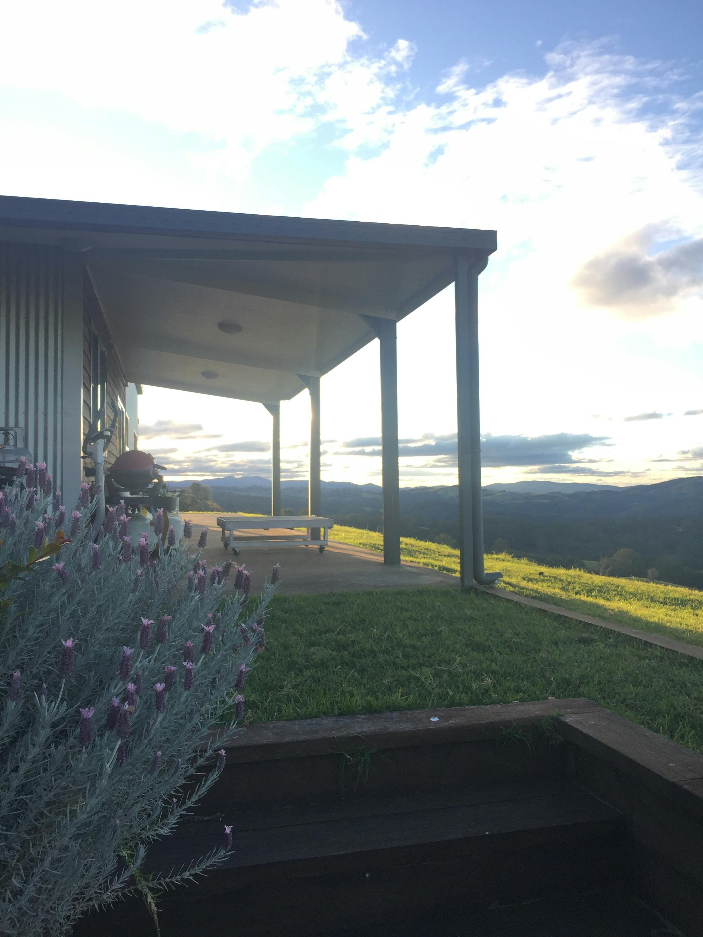 Front patio with BBQ and outdoor seating overlooking the valley