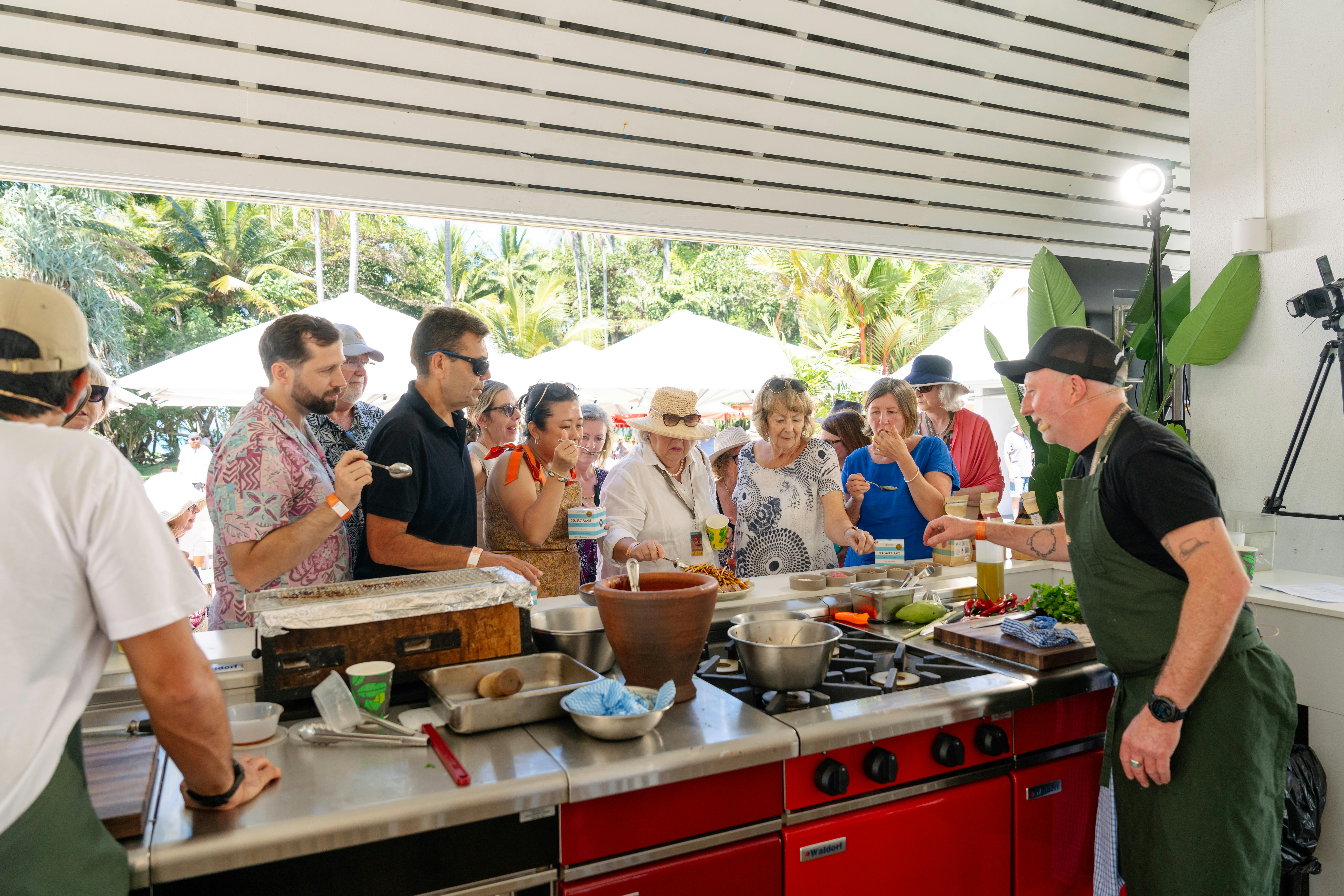 Guests sampling chef demo dishes at the Moffat Main Stage, Festival Village