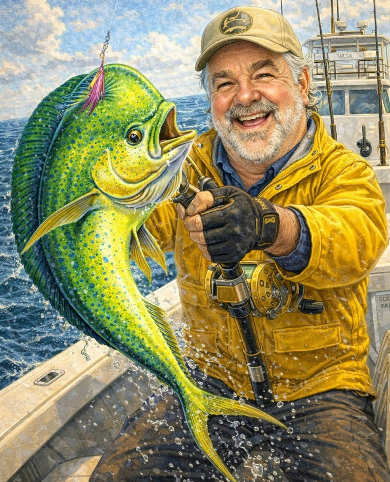 Cartoon photo of man with fish