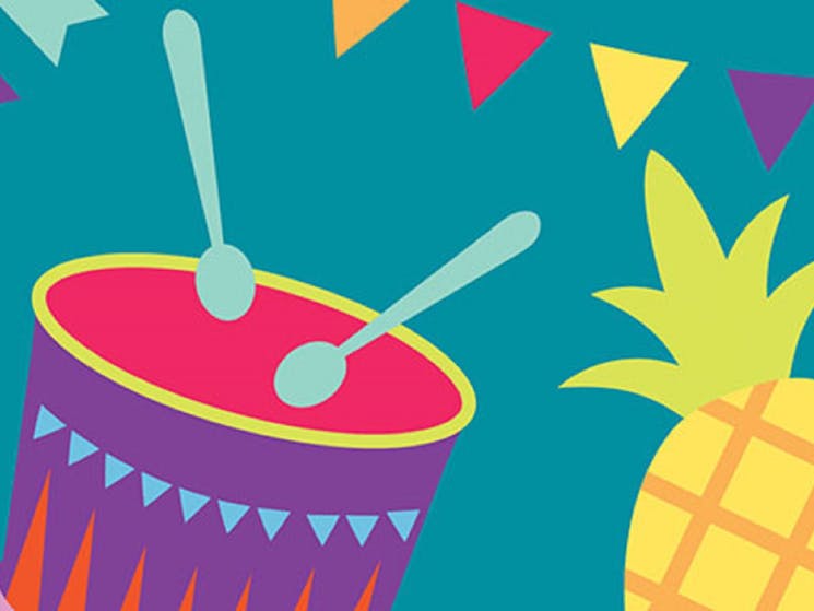 Cartoon image of drum pineapple and bunting