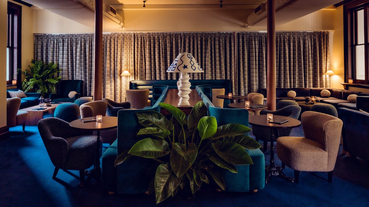 A lounge and bar, with blue furniture and plants
